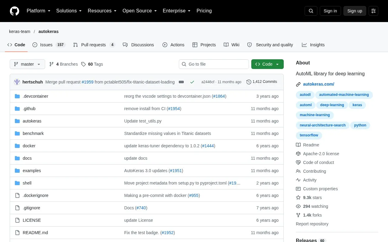 AutoKeras homepage screenshot