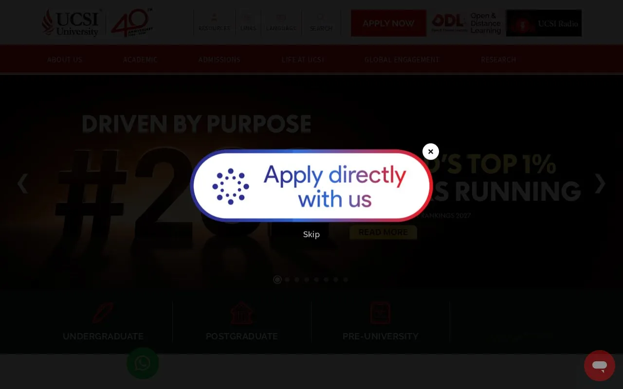 UCSI University homepage screenshot