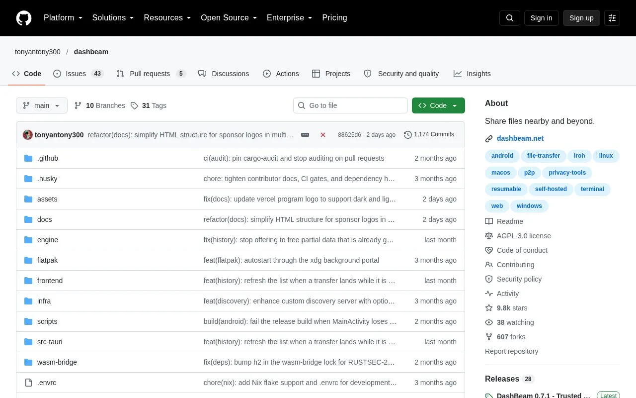 Dashbeam homepage screenshot