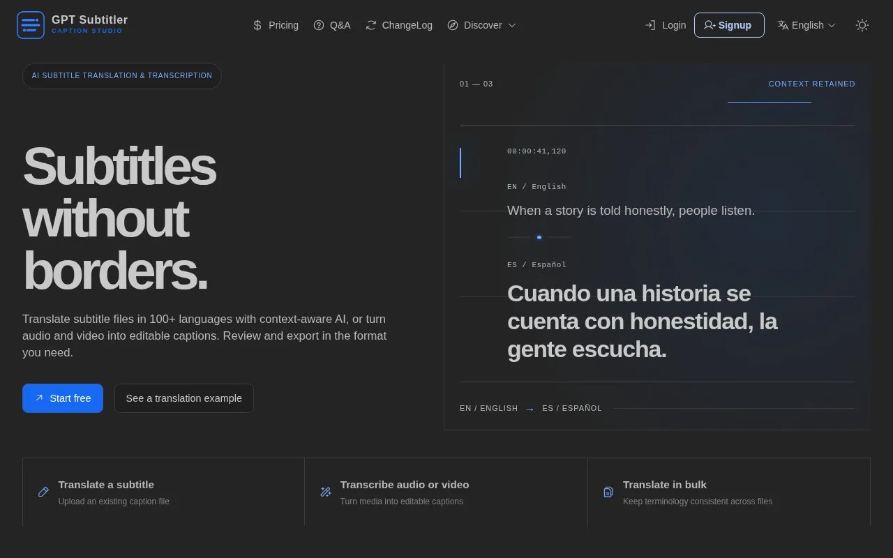 GPTSubtitler homepage screenshot