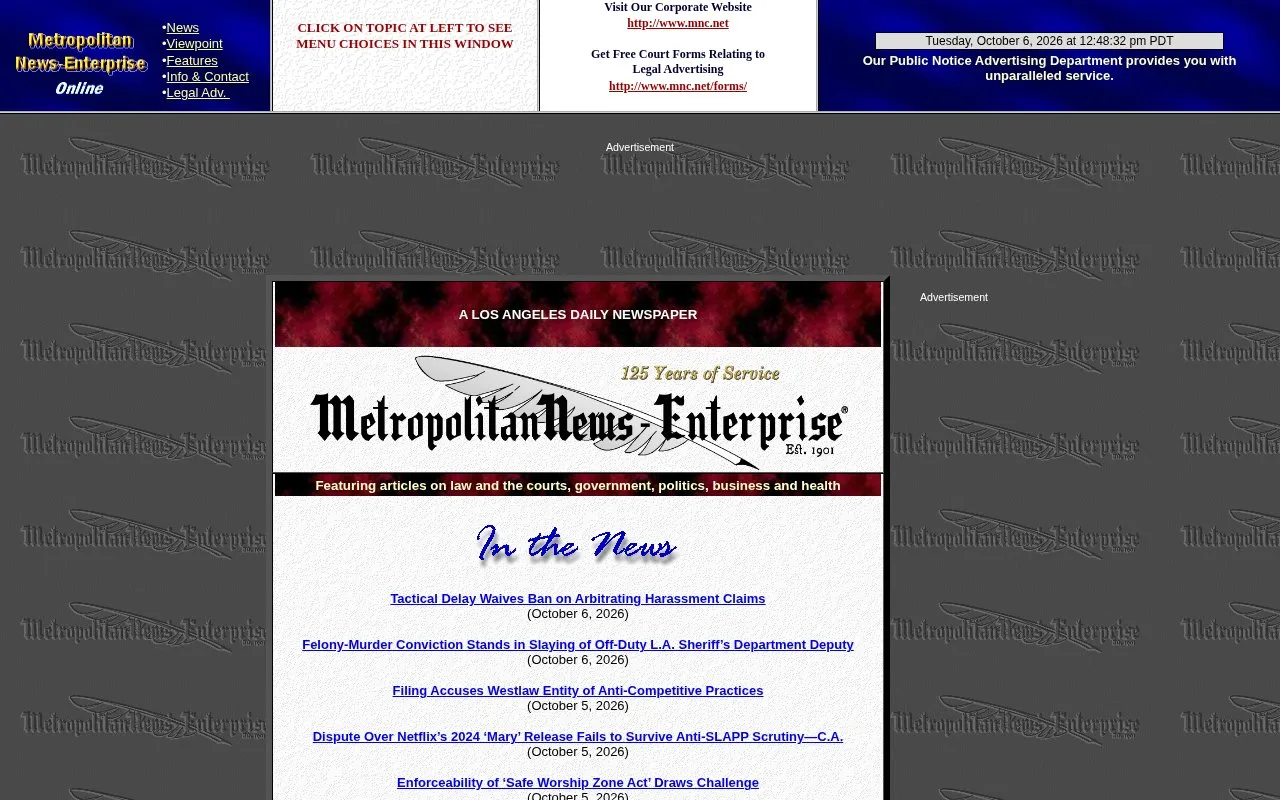 Metropolitan News-Enterprise homepage screenshot