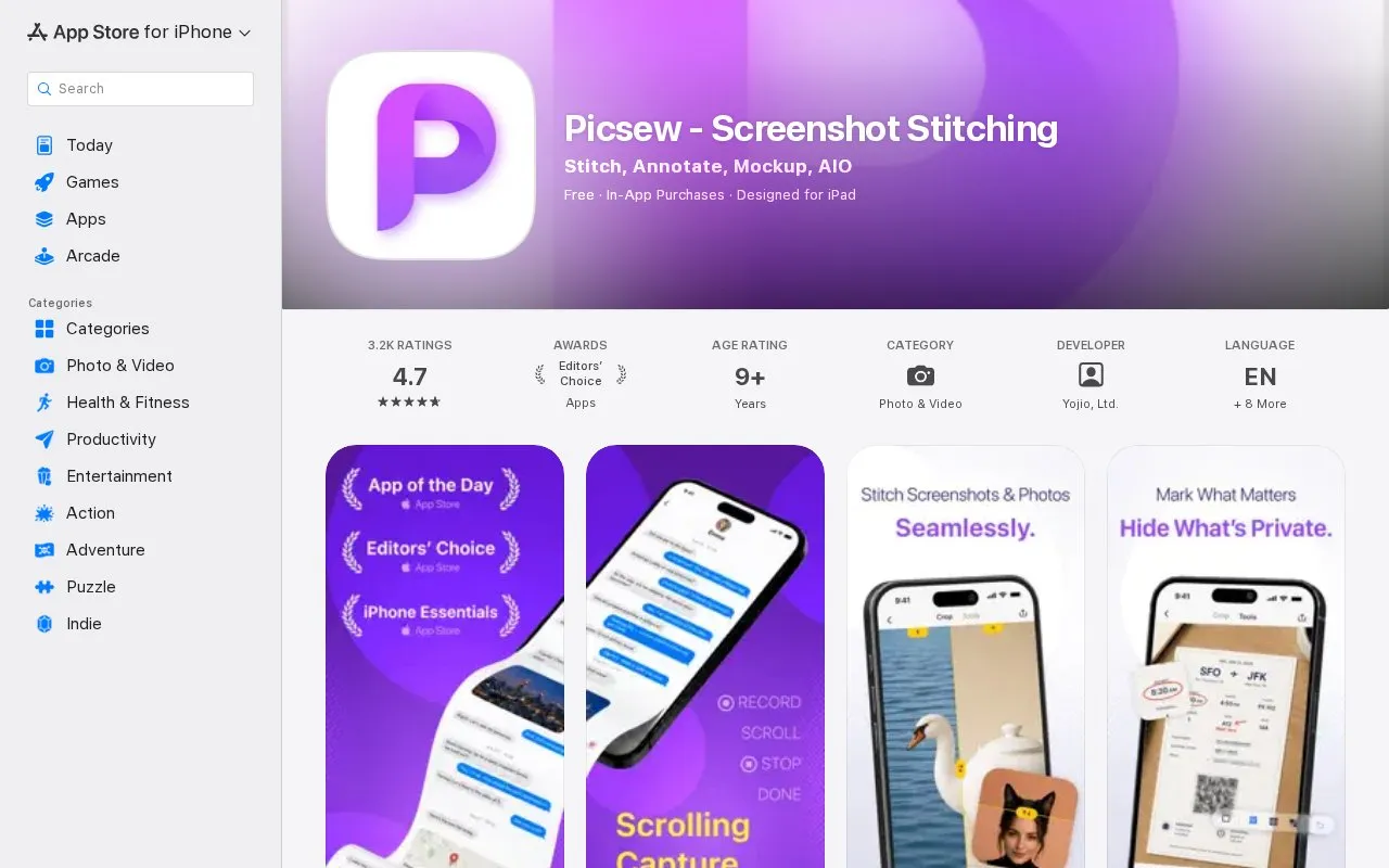 Picsew homepage screenshot