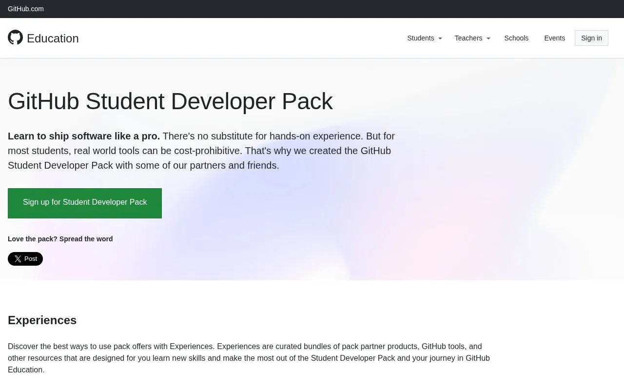 Student Developer Pack homepage screenshot