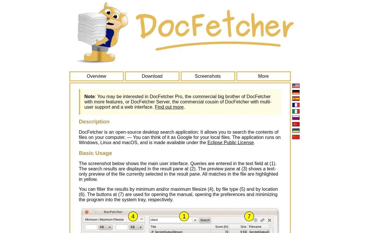 DocFetcher homepage screenshot