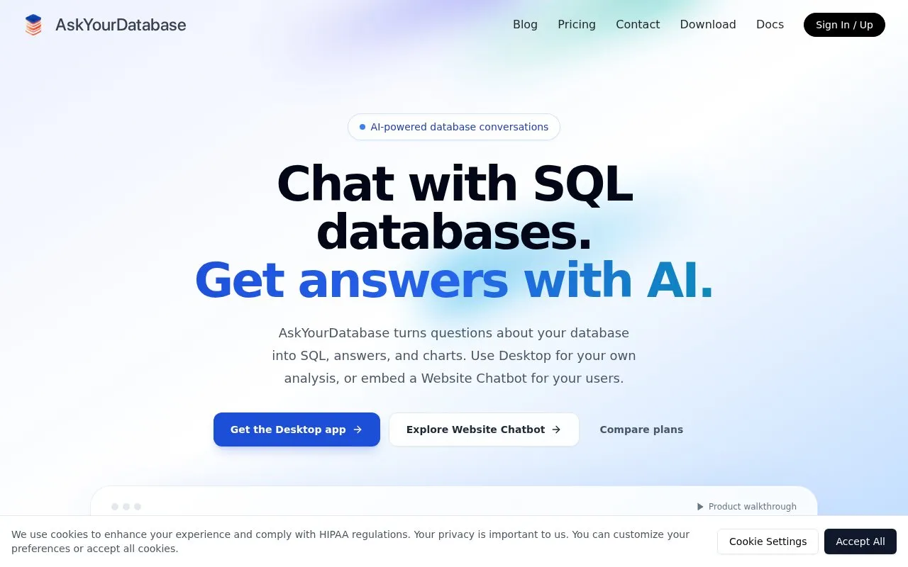AskYourDatabase homepage screenshot