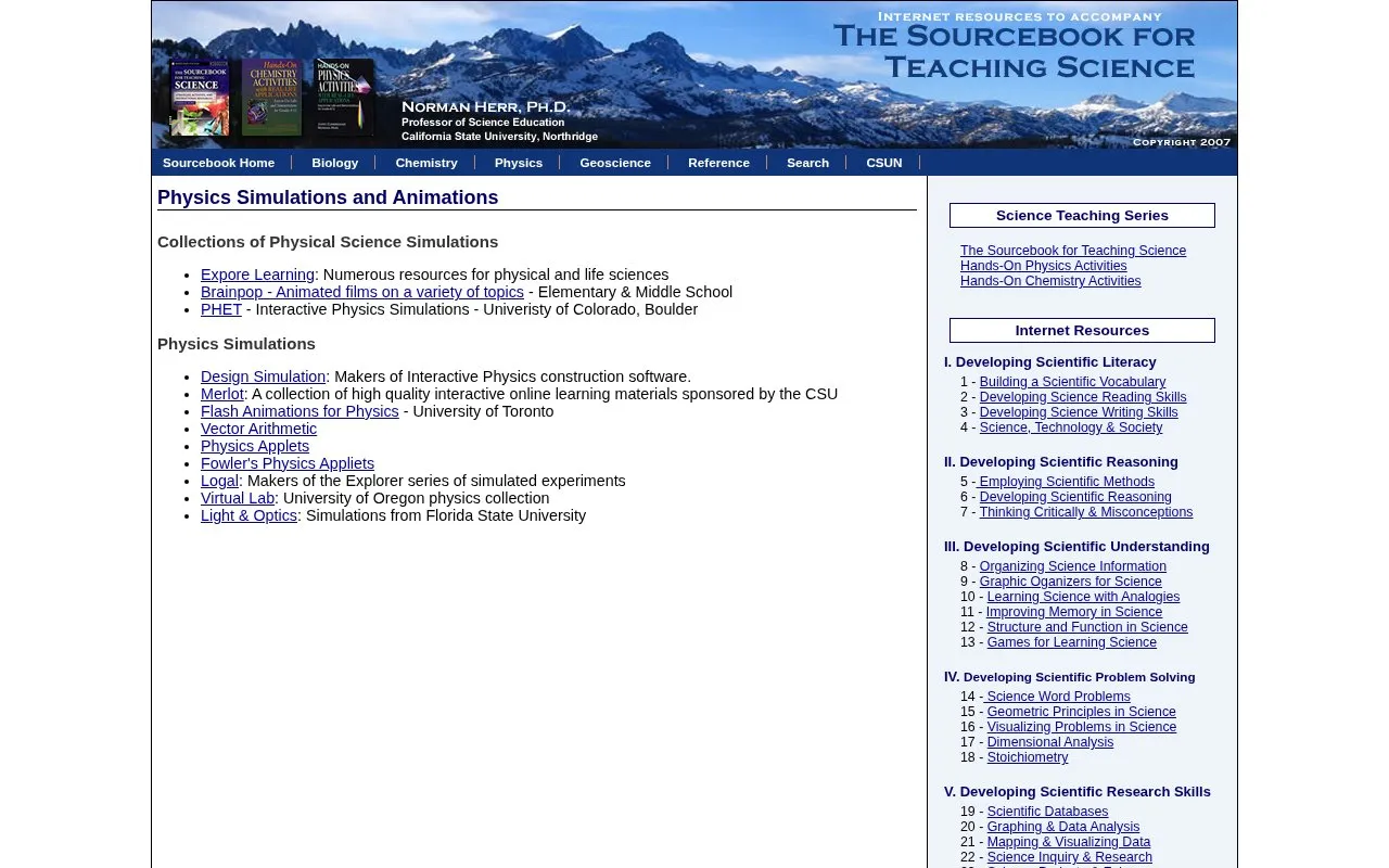 Physics Simulations homepage screenshot