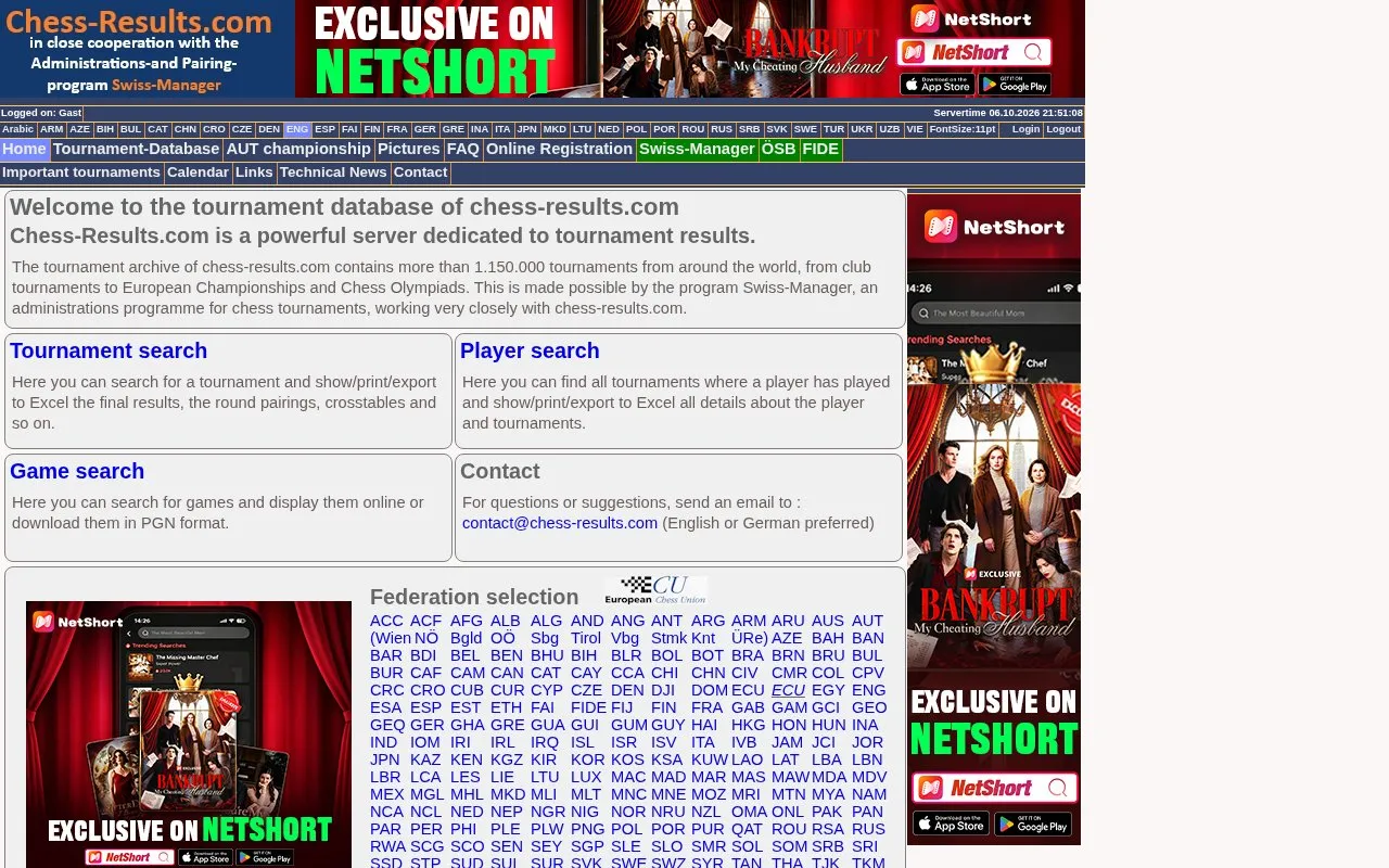 Chess Results homepage screenshot