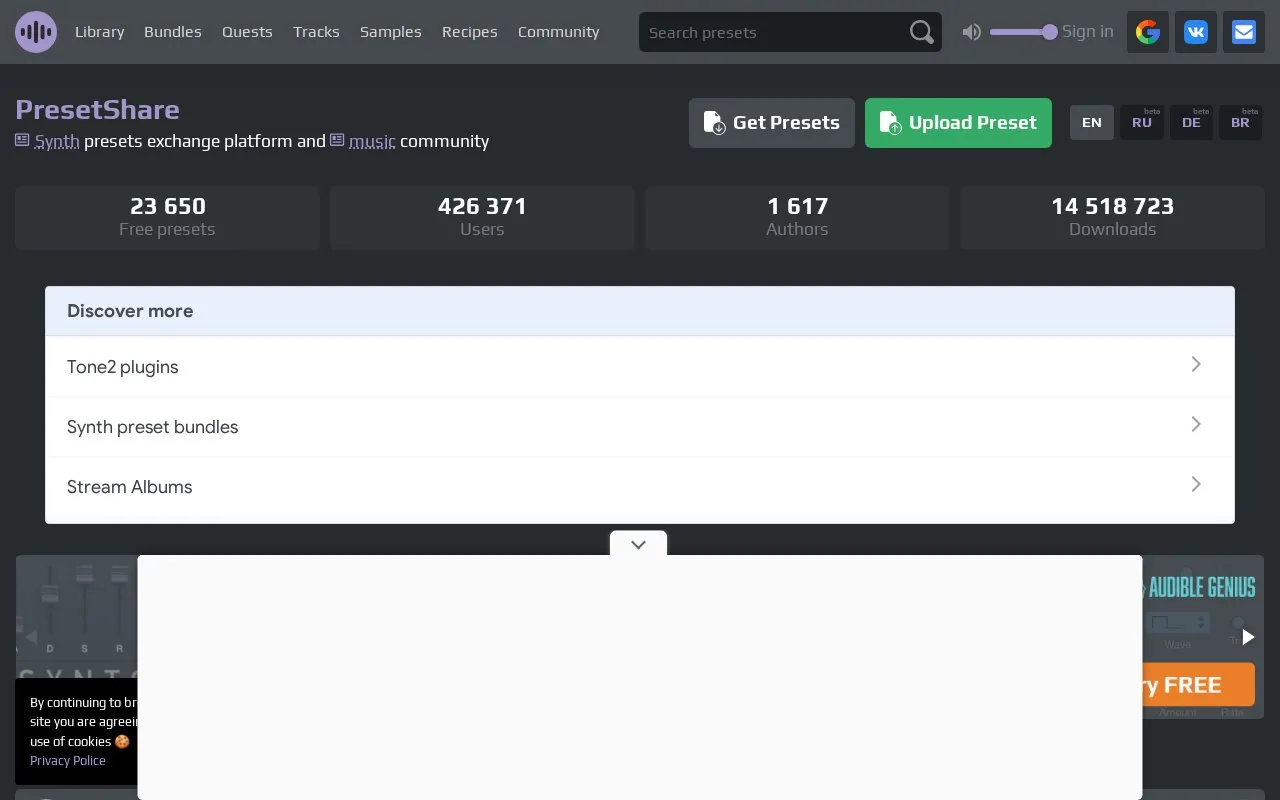 PresetShare homepage screenshot