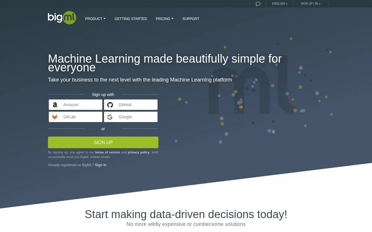 BigML homepage screenshot