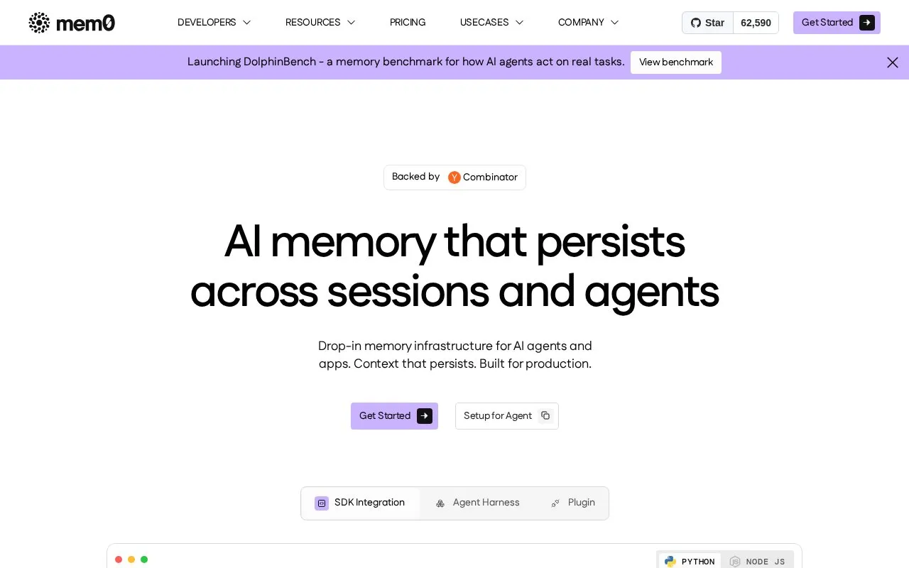 Mem0 homepage screenshot