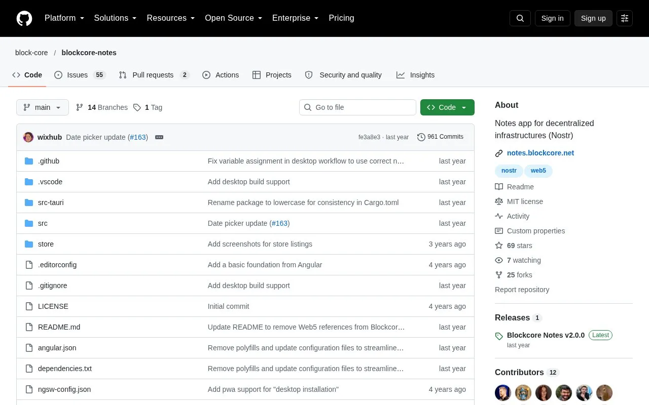 Blockcore Notes homepage screenshot