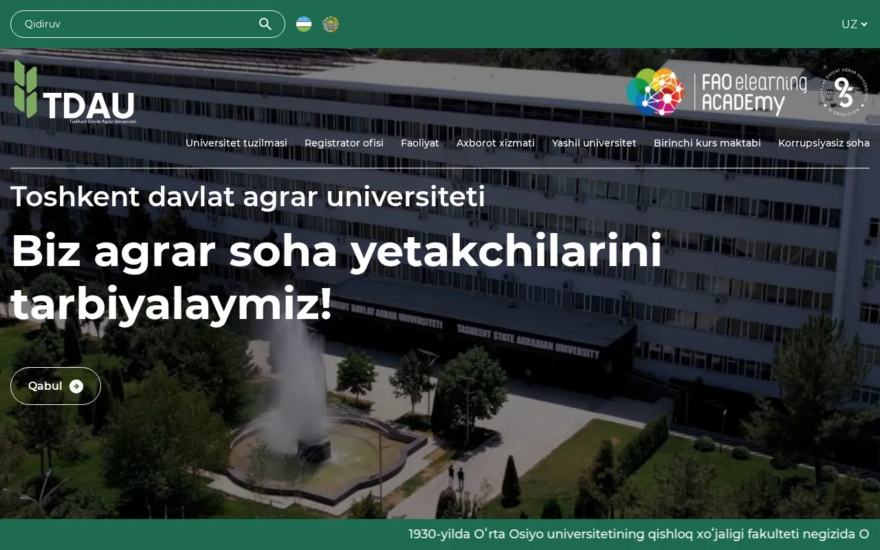 Tashkent State Agrarian University homepage screenshot