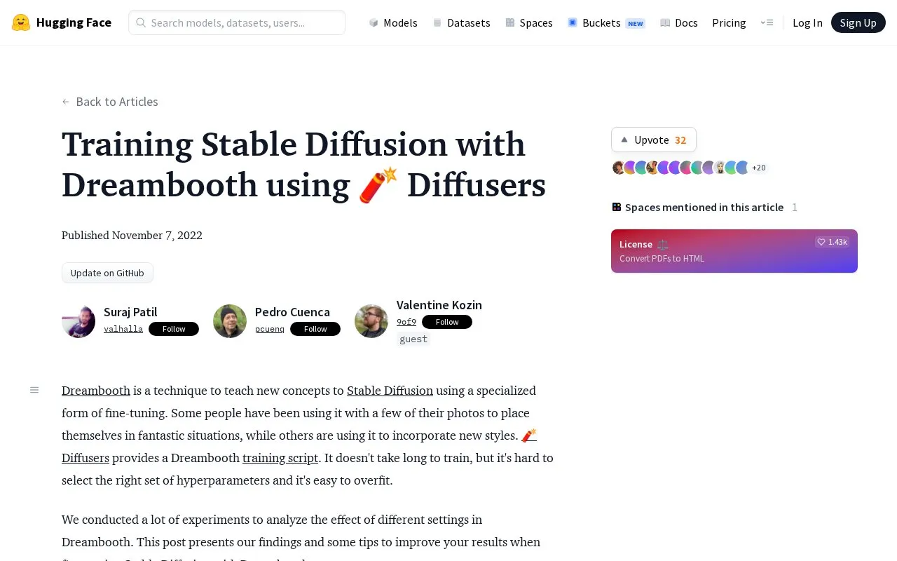Training Stable Diffusion with Dreambooth using Diffusers homepage screenshot