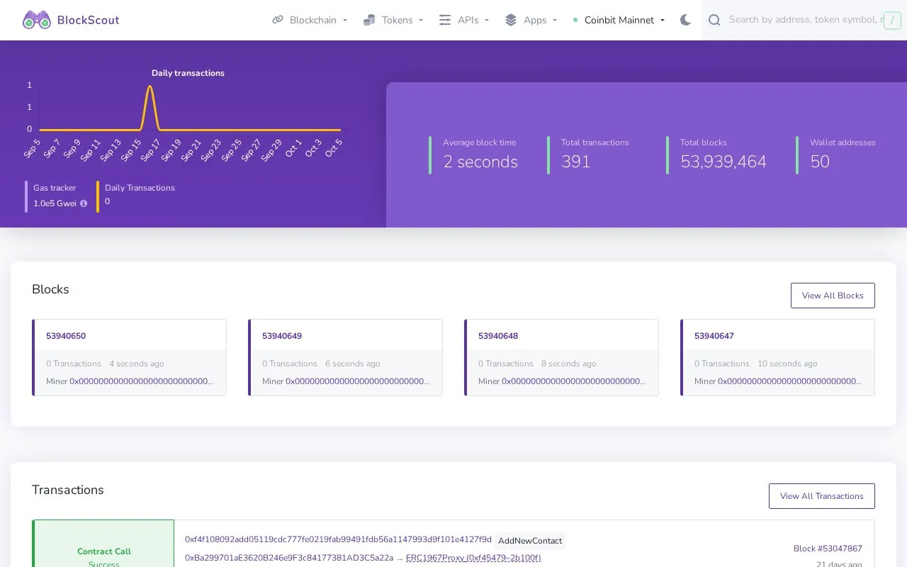 Coinbit Mainnet — blockscout homepage screenshot