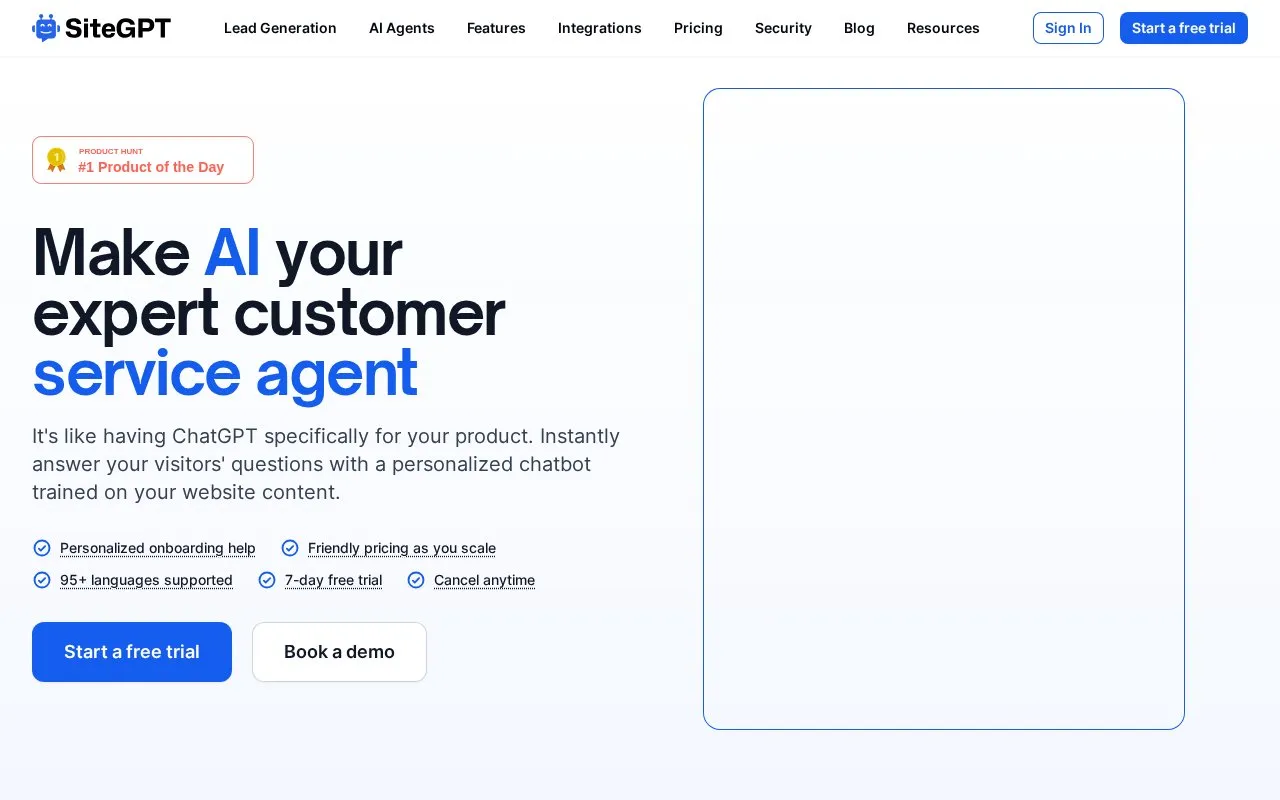 SiteGPT homepage screenshot