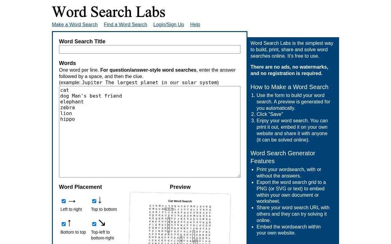 Word Search Labs homepage screenshot