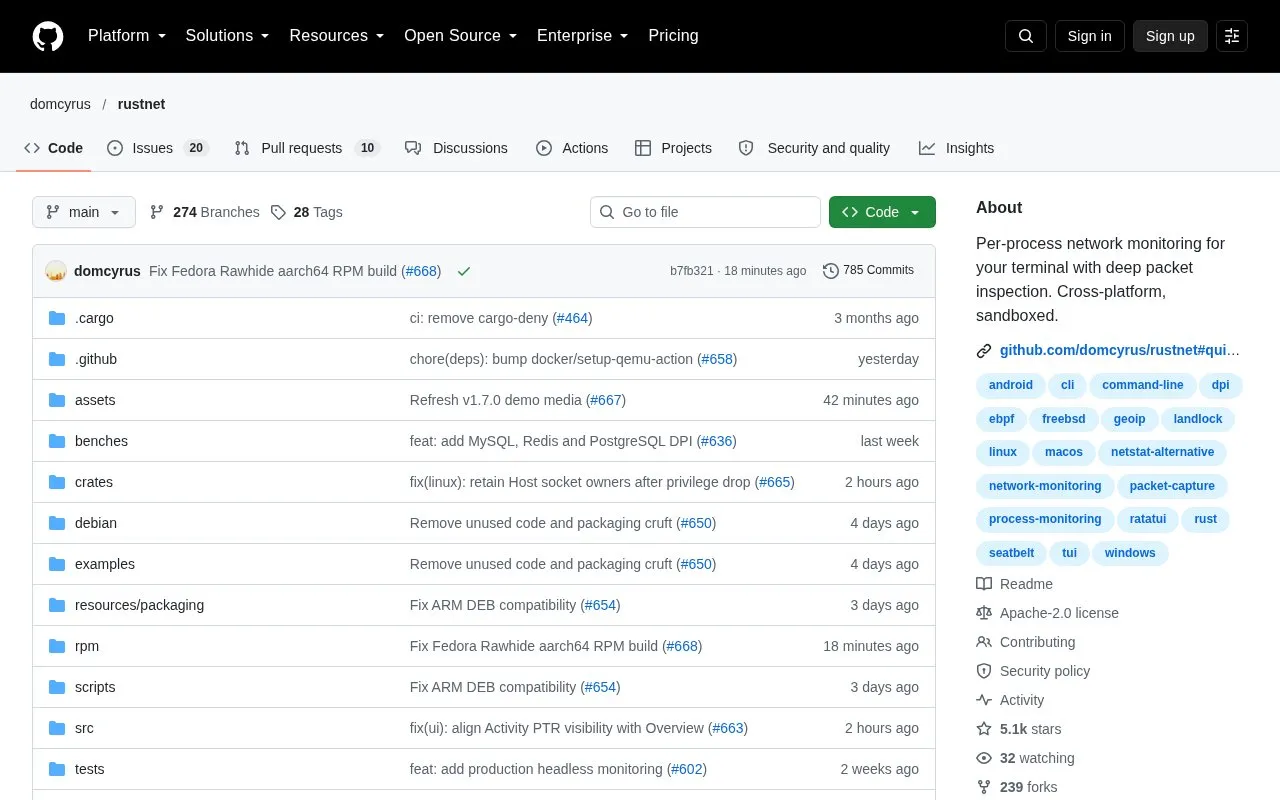 RustNet homepage screenshot