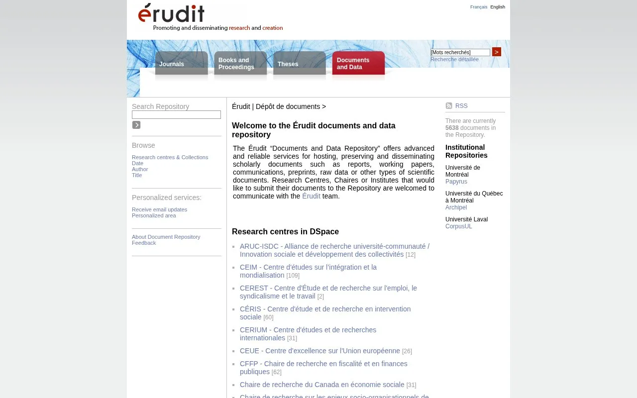 Dépôt de documents et de données de Érudit homepage screenshot