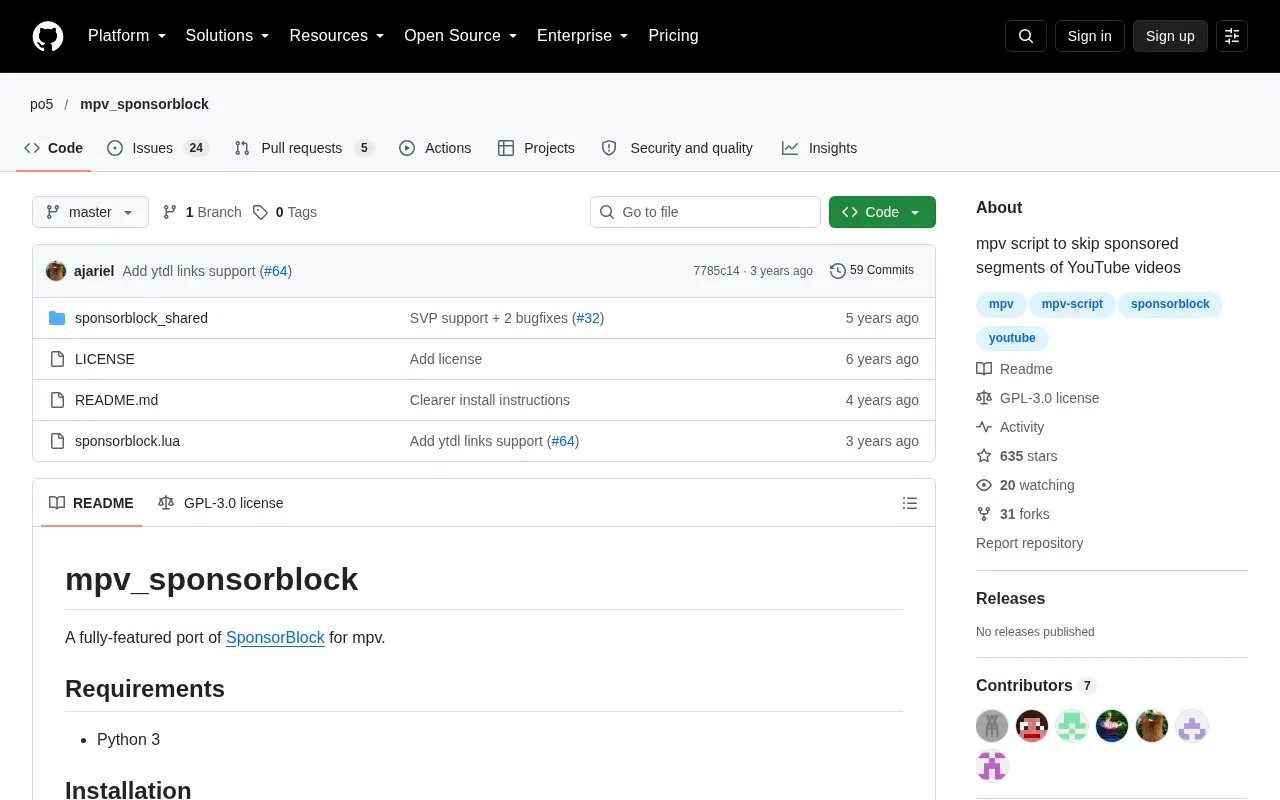 MPV SponsorBlock homepage screenshot