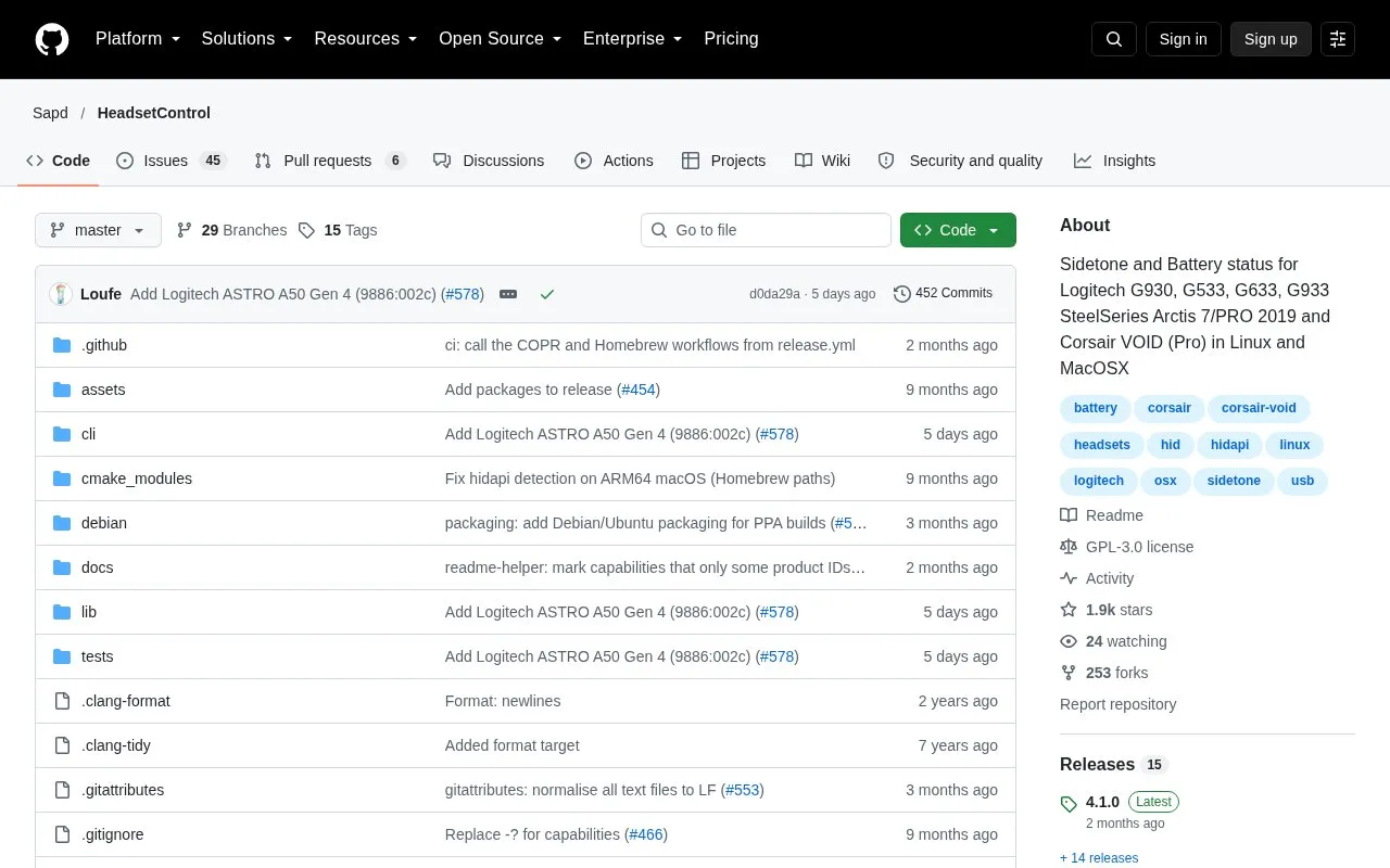 HeadsetControl homepage screenshot