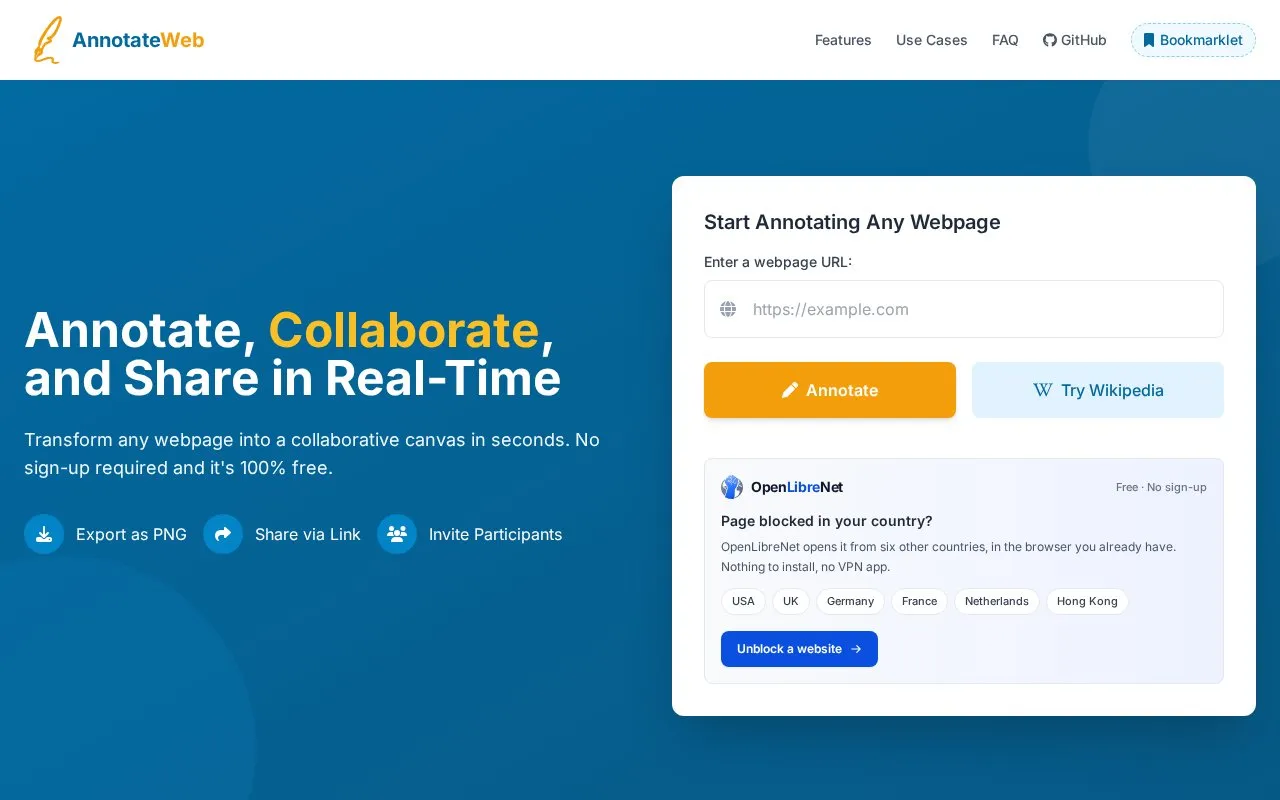AnnotateWeb homepage screenshot
