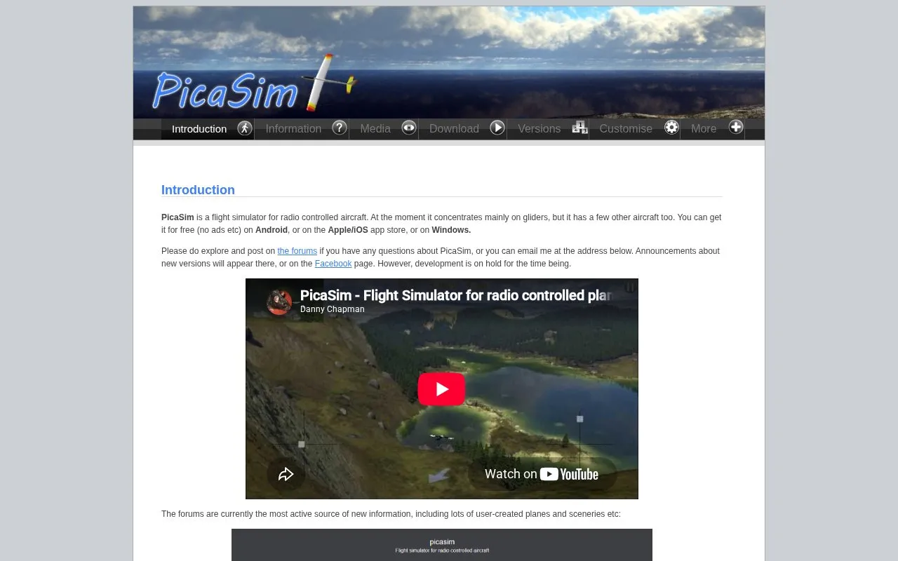 PicaSim homepage screenshot