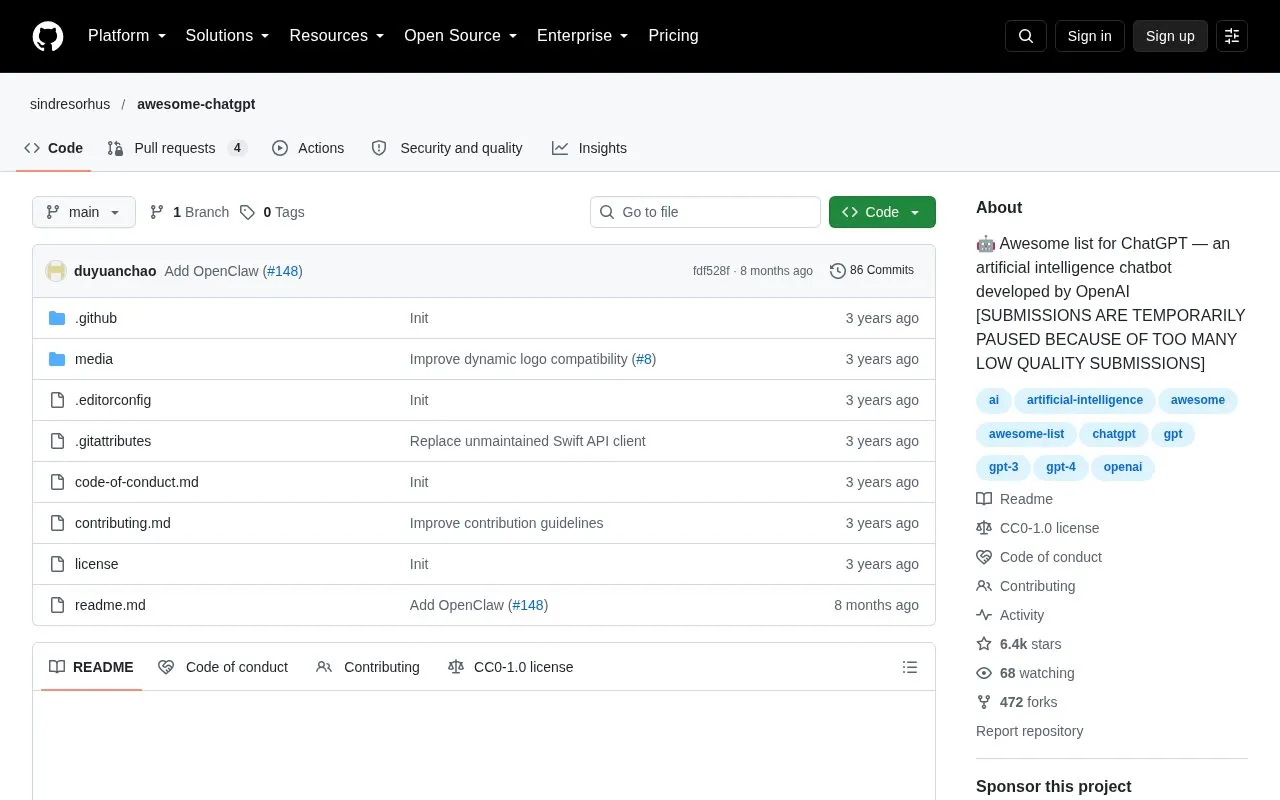 sindresorhus's Awesome ChatGPT homepage screenshot