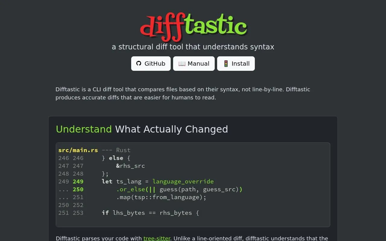 Difftastic homepage screenshot