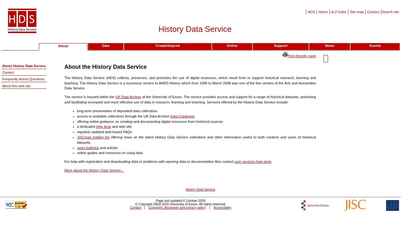 History Data Service homepage screenshot