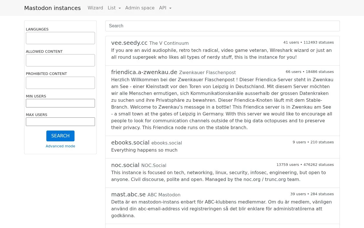 Mastodon instances homepage screenshot