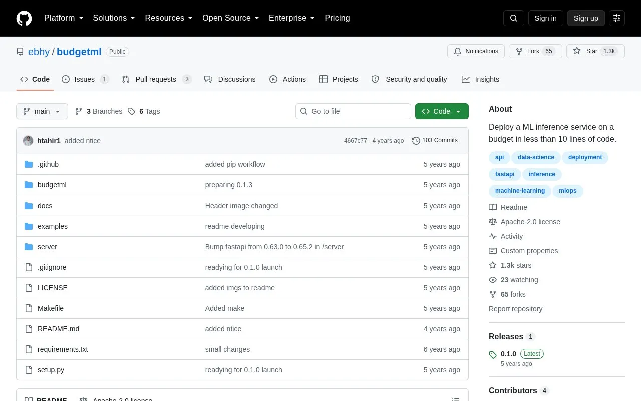 BudgetML homepage screenshot