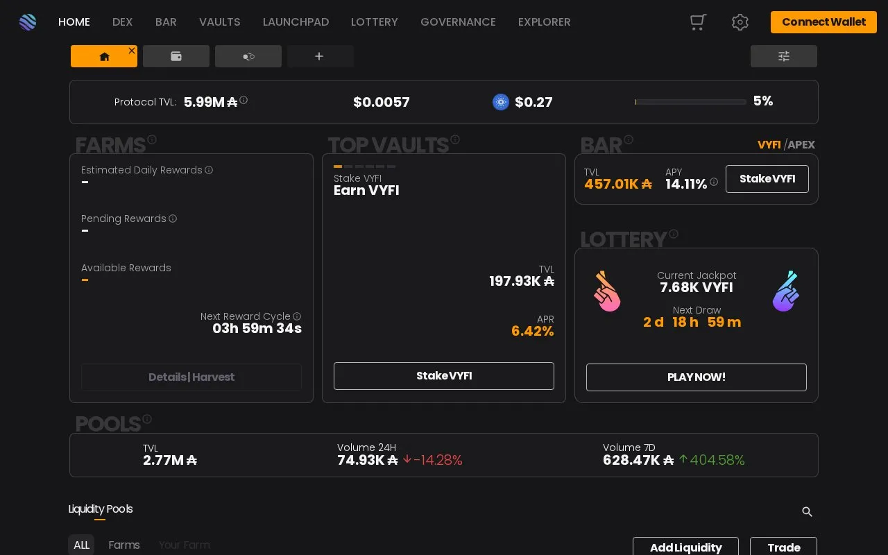 VyFinance Dex homepage screenshot