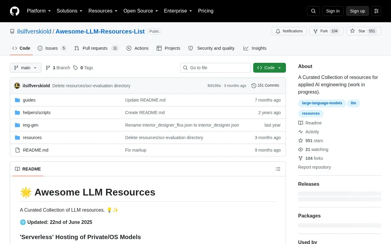 Awesome LLM Resources homepage screenshot