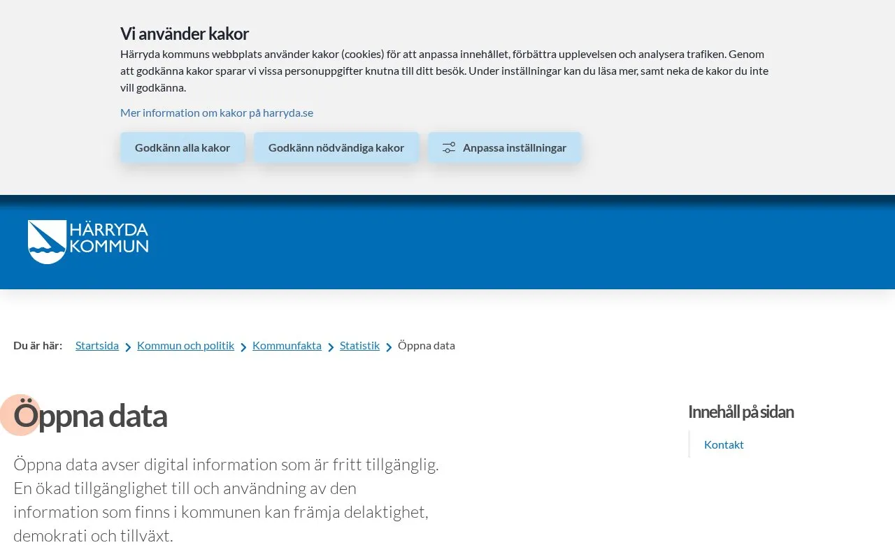 Härryda Municipality Open Data portal homepage screenshot