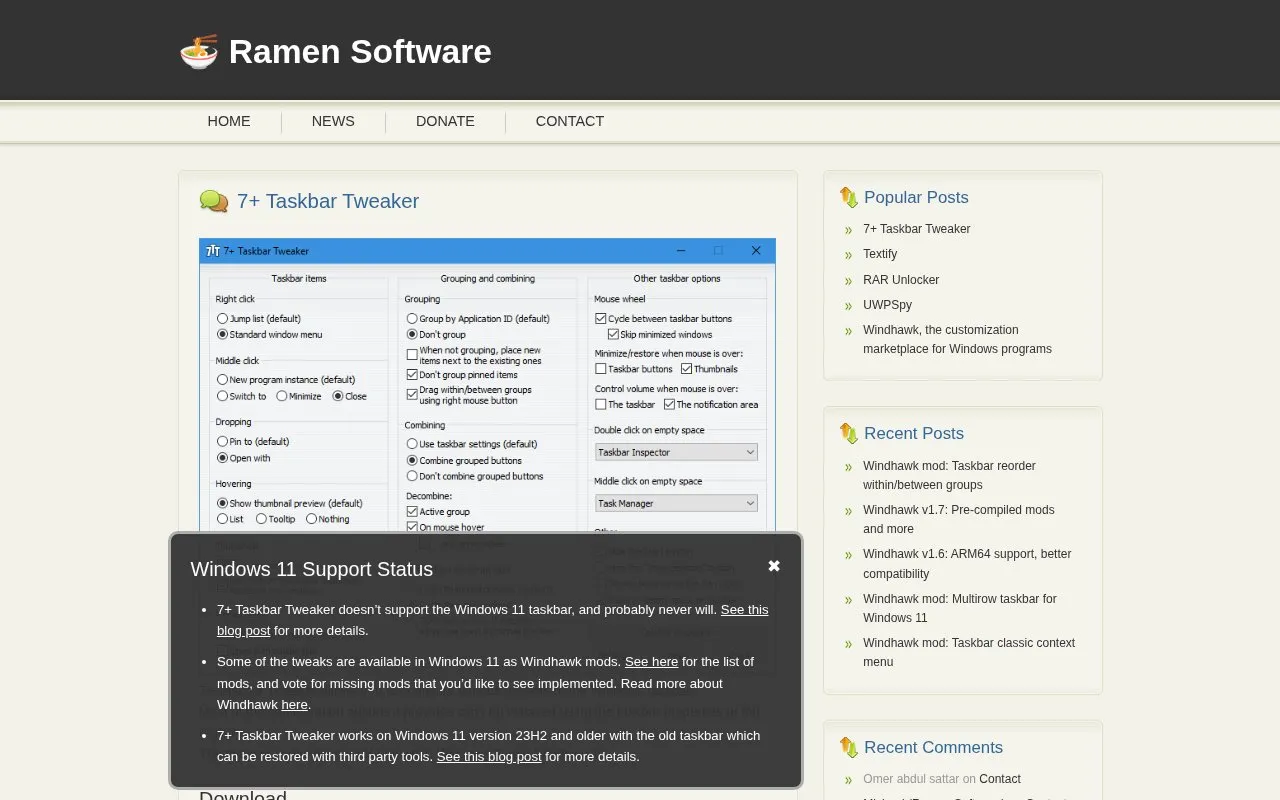 Taskbar Tweaker homepage screenshot