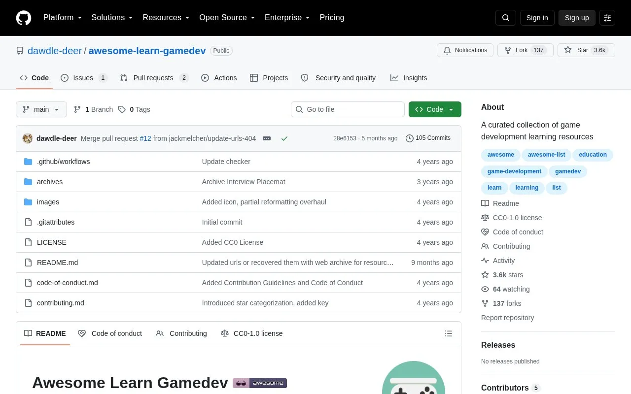 Learn Gamedev homepage screenshot