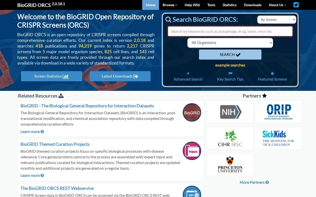 BioGRID ORCS homepage screenshot
