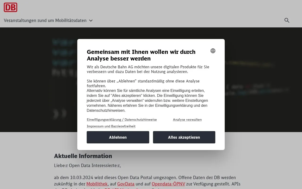 DB Open-Data-Portal homepage screenshot