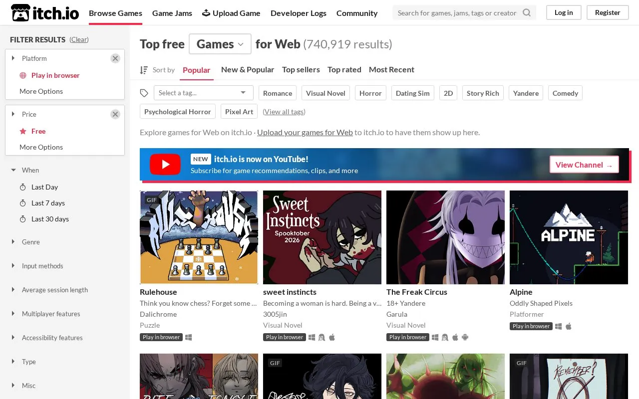 itch.io web games homepage screenshot