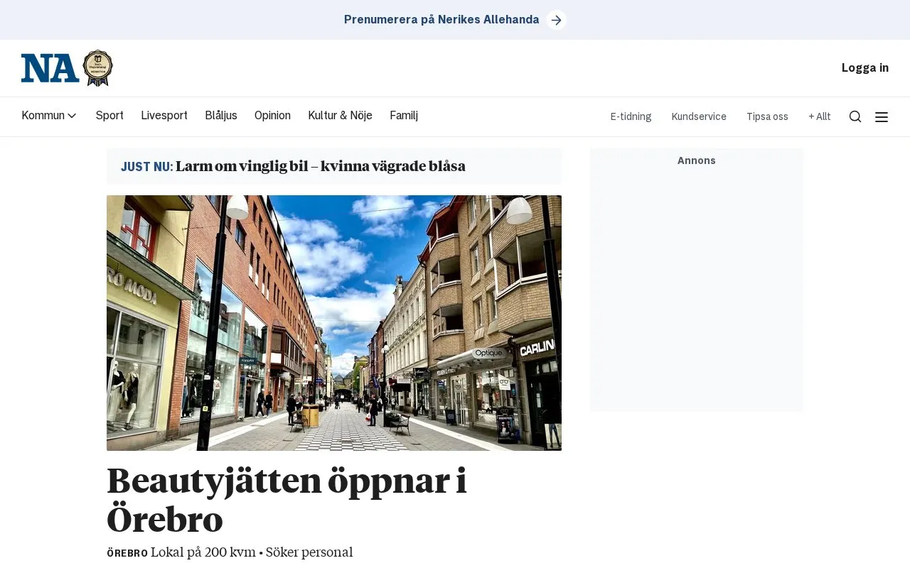 Nerikes Allehanda homepage screenshot
