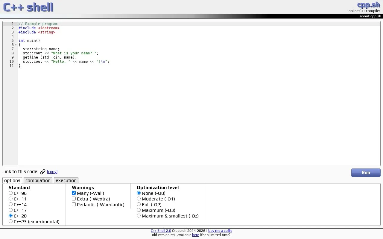 cpp.sh homepage screenshot