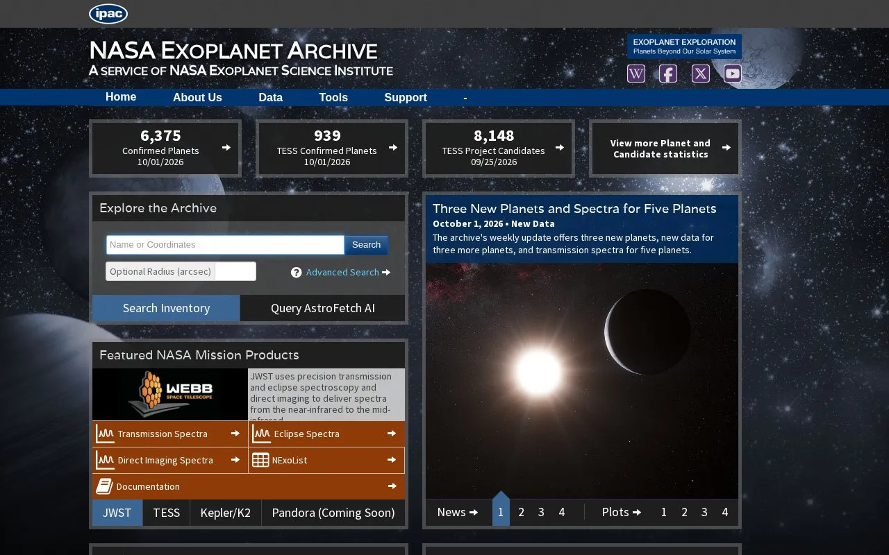 ExoplanetArchive homepage screenshot
