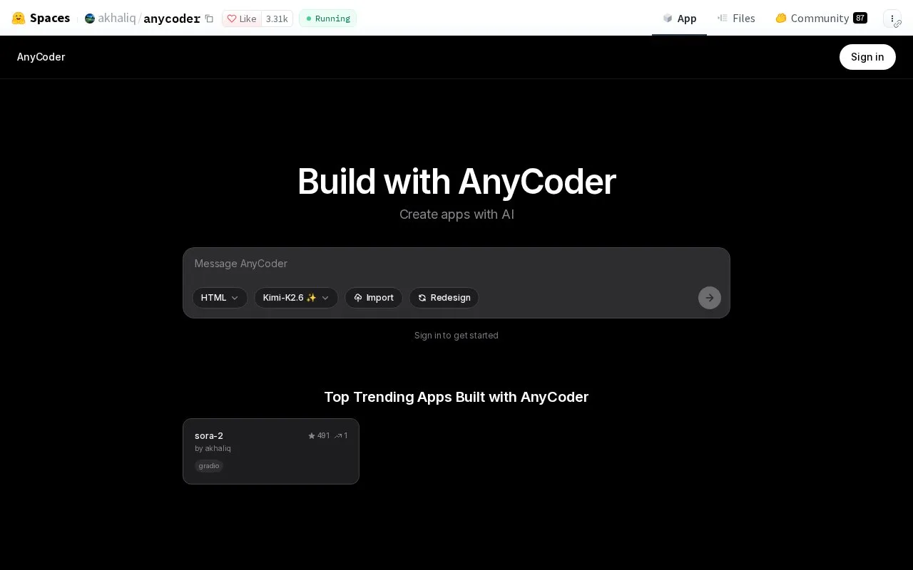 AnyCoder homepage screenshot