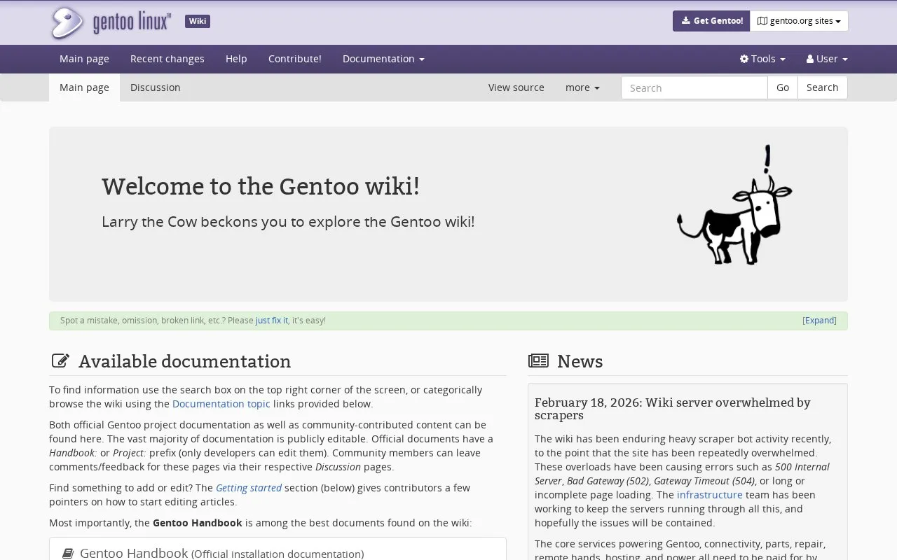 Gentoo Wiki homepage screenshot
