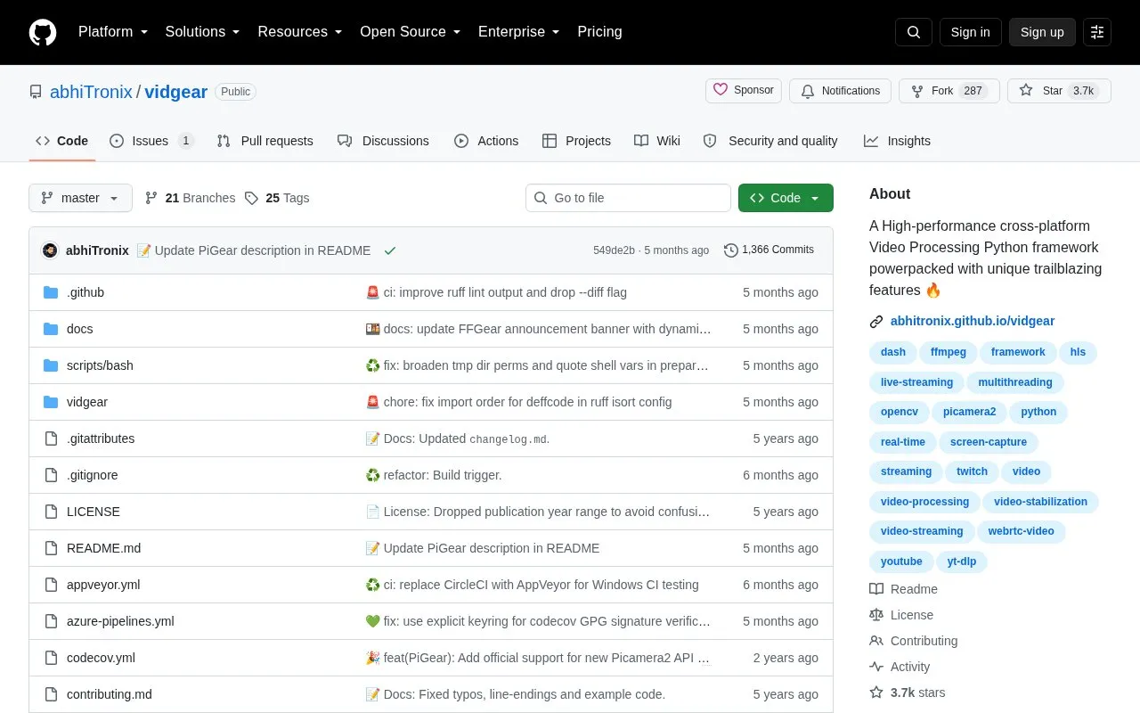 vidgear homepage screenshot