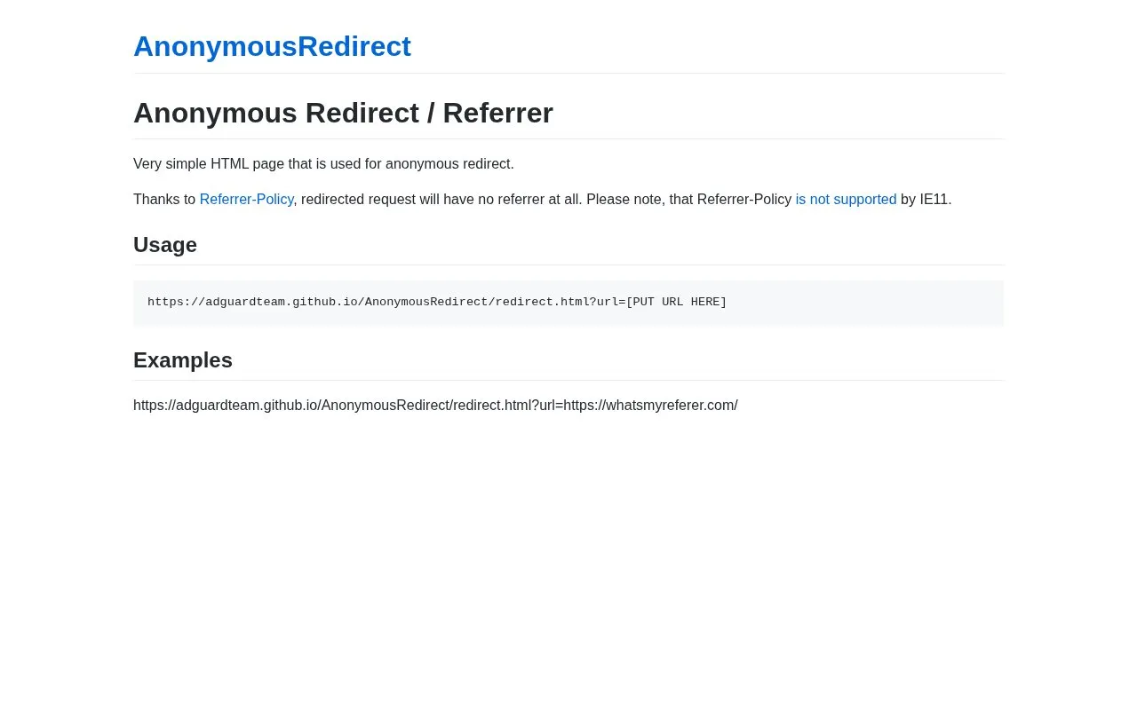 AnonymousRedirect homepage screenshot