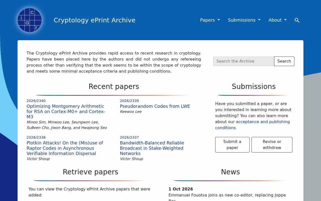 Cryptology ePrint Archive homepage screenshot
