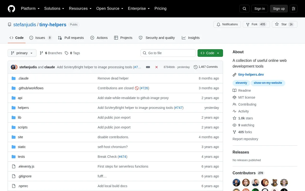 Tiny Helpers homepage screenshot