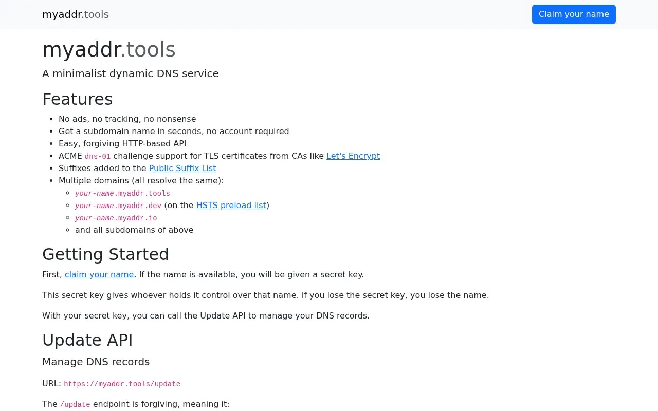 myaddr homepage screenshot