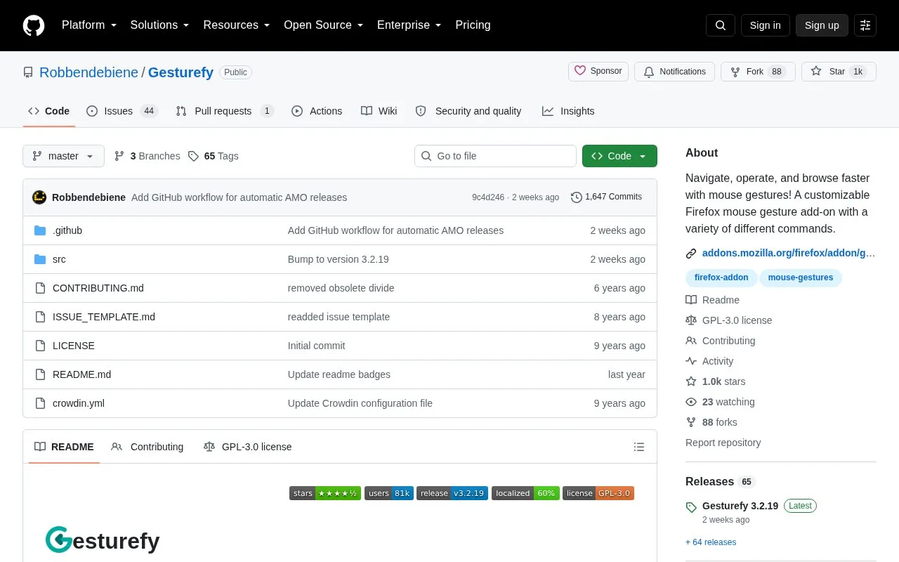 Gesturefy homepage screenshot